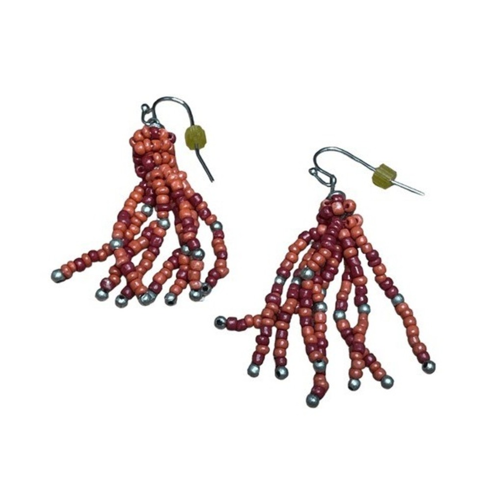 Vintage 70s Seed Bead Earrings Red‎ Wood Silver Tone Metal Dangle Pierced Beaded